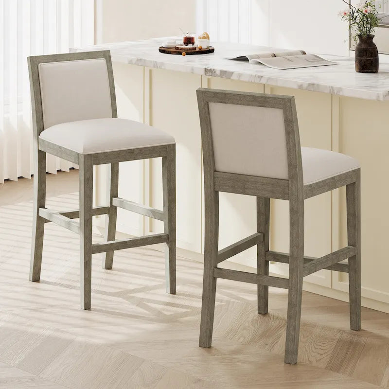 Retro Bar Stools, Set of 2 Upholstered 30.5 Bar Height Chairs with Fabric Cushion and Wood Frame