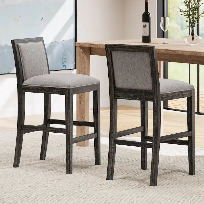 Retro Bar Stools, Set of 2 Upholstered 30.5 Bar Height Chairs with Fabric Cushion and Wood Frame