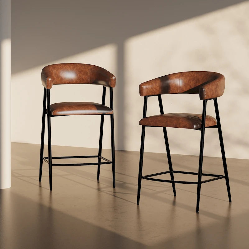 26 PU Upholstered Counter Stools, Set of 2 Bar Height Chairs with Iron Frame, Backrest, Footrest and Arms, Brown