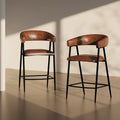 26 PU Upholstered Counter Stools, Set of 2 Bar Height Chairs with Iron Frame, Backrest, Footrest and Arms, Brown