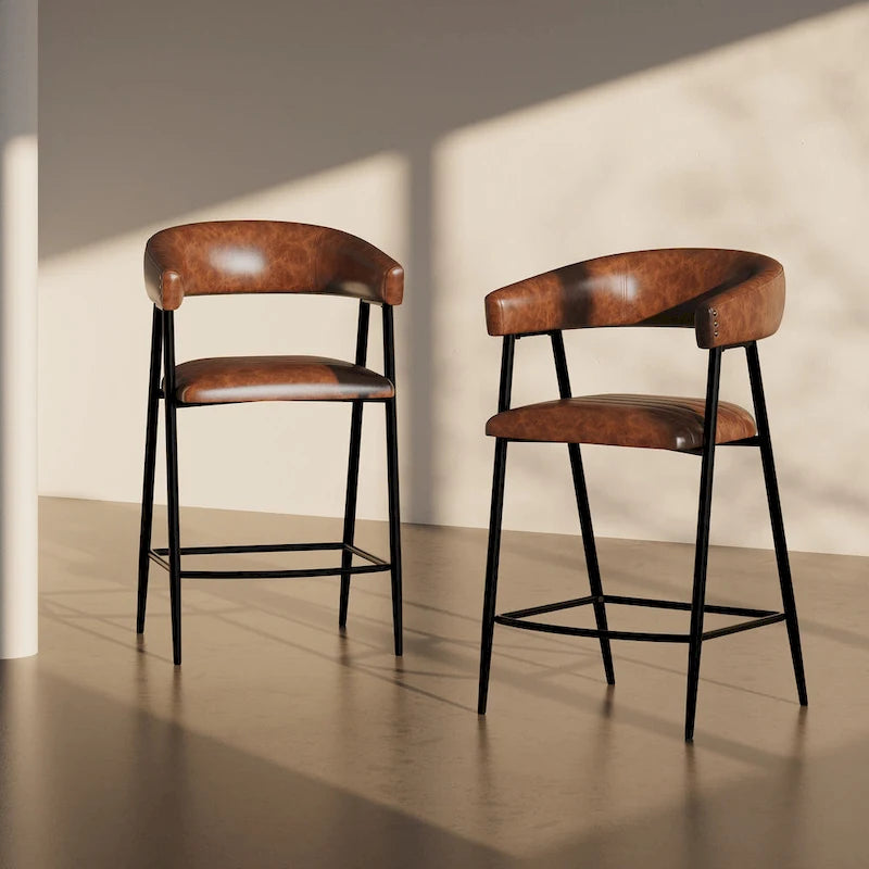 Roomfitters 26 PU Upholstered Counter Stools, Set of 2 Bar Height Chairs with Iron Frame, Backrest, Footrest and Arms, Brown