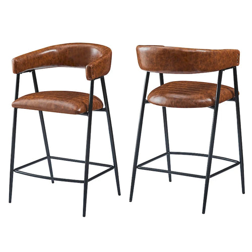 26 tabourets de comptoir rembourrés en polyuréthane, lot de 2 chaises de bar avec structure en fer, dossier, repose-pieds et accoudoirs, marron