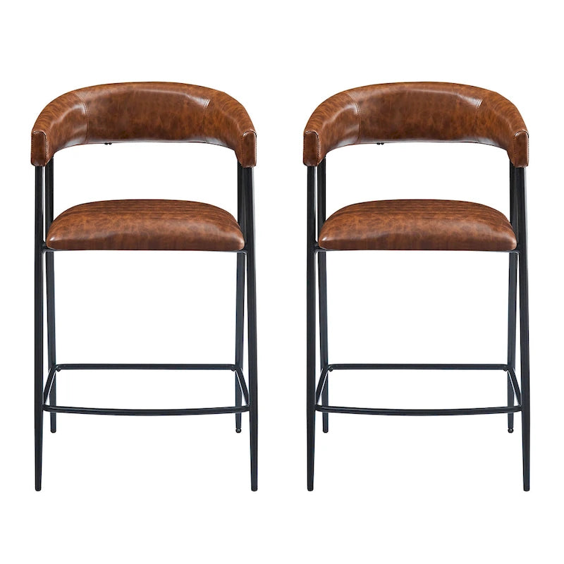 26 PU Upholstered Counter Stools, Set of 2 Bar Height Chairs with Iron Frame, Backrest, Footrest and Arms, Brown