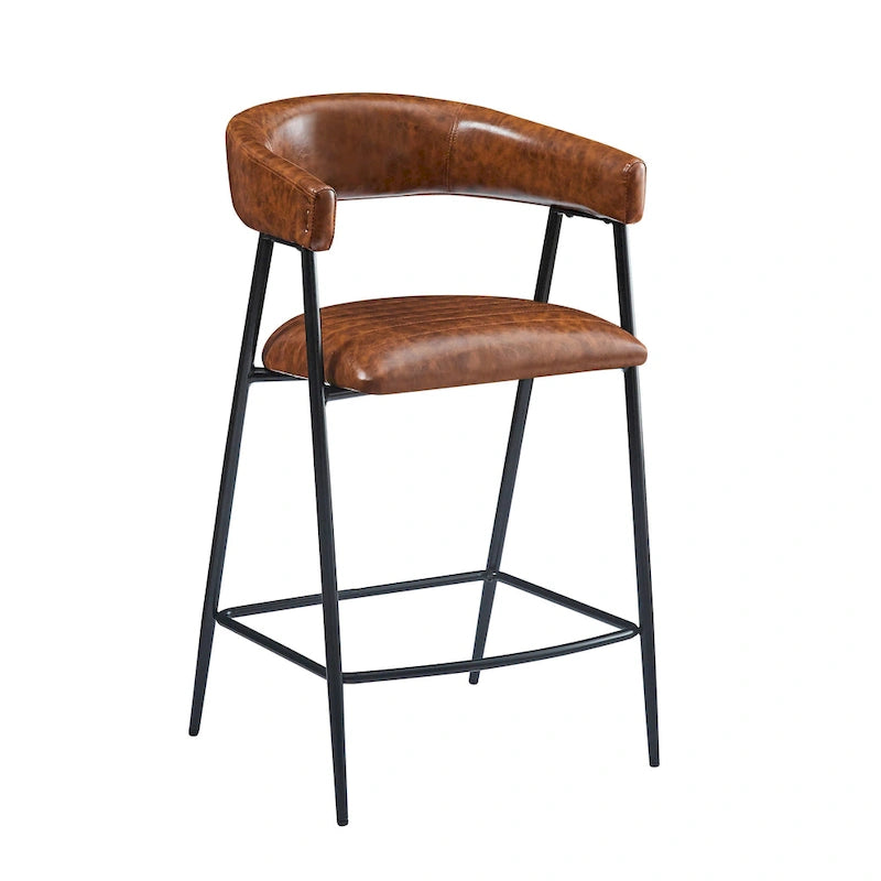 26 PU Upholstered Counter Stools, Set of 2 Bar Height Chairs with Iron Frame, Backrest, Footrest and Arms, Brown