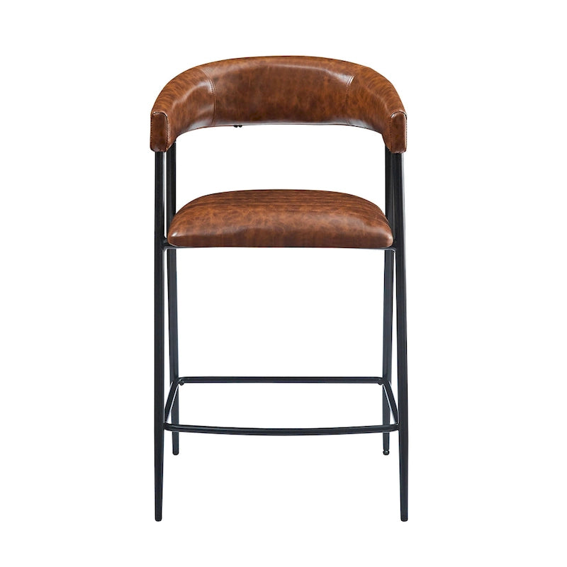 26 PU Upholstered Counter Stools, Set of 2 Bar Height Chairs with Iron Frame, Backrest, Footrest and Arms, Brown