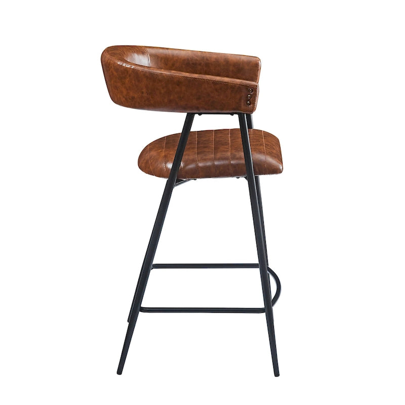 26 PU Upholstered Counter Stools, Set of 2 Bar Height Chairs with Iron Frame, Backrest, Footrest and Arms, Brown
