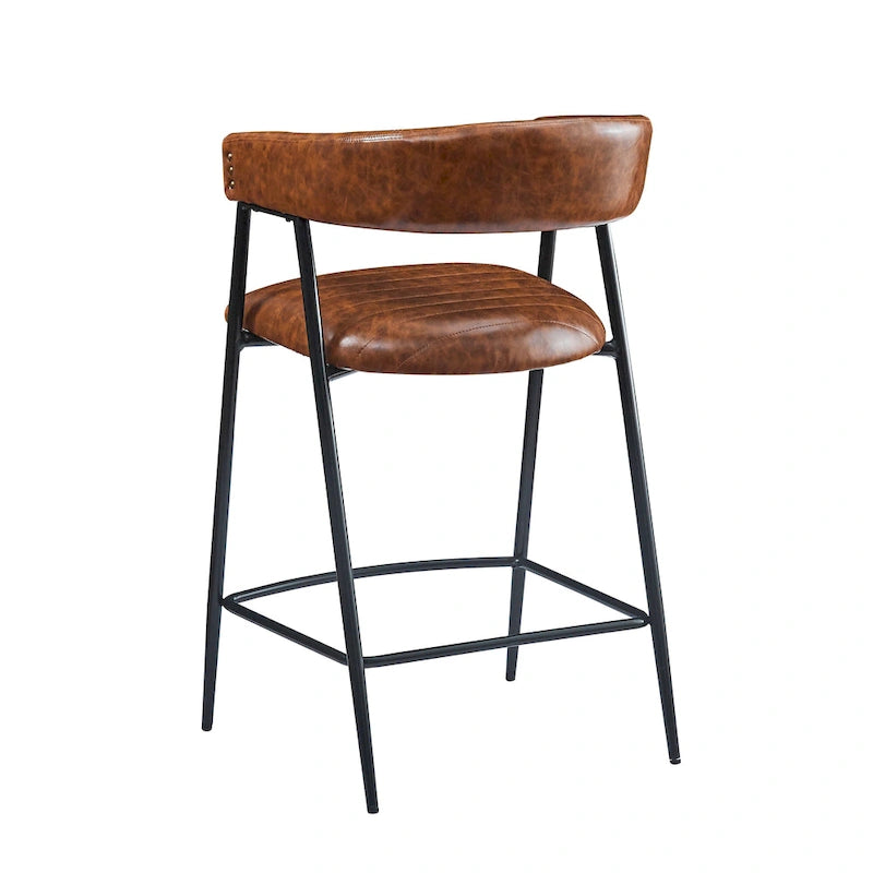 26 PU Upholstered Counter Stools, Set of 2 Bar Height Chairs with Iron Frame, Backrest, Footrest and Arms, Brown