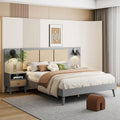 Queen Solid Wood Platform Bed with Nightstands & Headboard Lamps