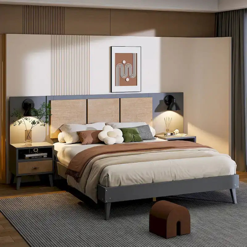 Queen Solid Wood Platform Bed with Nightstands & Headboard Lamps