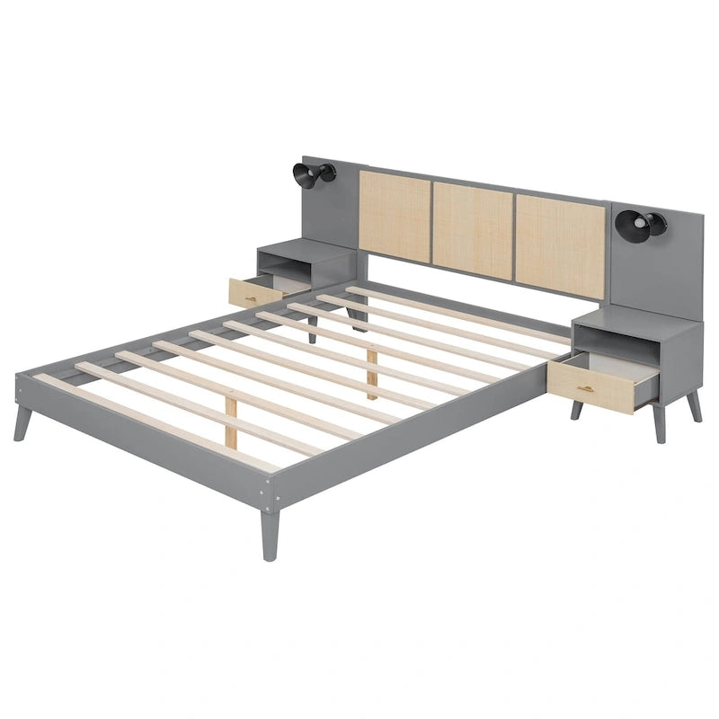 Queen Solid Wood Platform Bed with Nightstands & Headboard Lamps