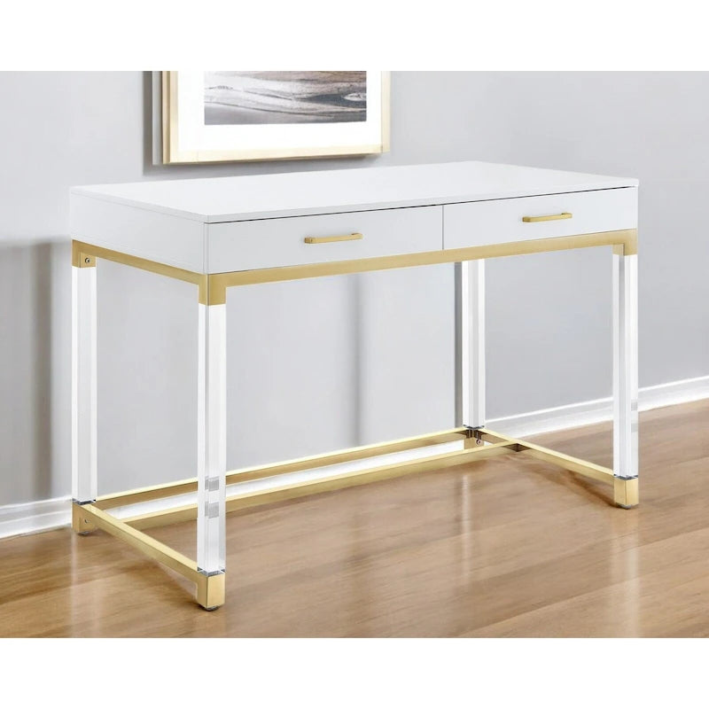 48 White Clear and Gold Wood Acrylic and Stainless Steel Writing Desk With Two Drawers