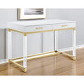 48 White Clear and Gold Wood Acrylic and Stainless Steel Writing Desk With Two Drawers