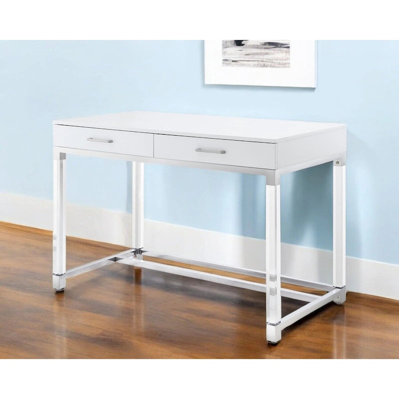 48 Bureau blanc transparent et doré en bois, acrylique et acier inoxydable avec deux tiroirs