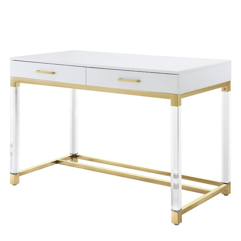 48 White Clear and Gold Wood Acrylic and Stainless Steel Writing Desk With Two Drawers
