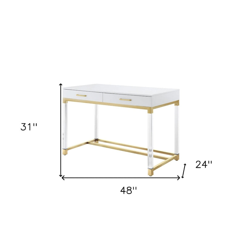 48 White Clear and Gold Wood Acrylic and Stainless Steel Writing Desk With Two Drawers