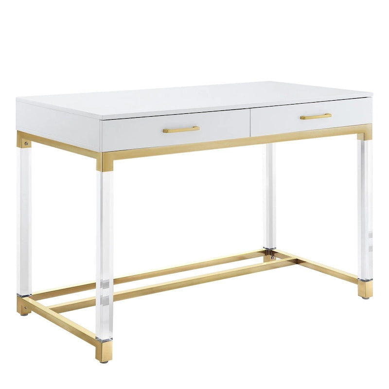 48 White Clear and Gold Wood Acrylic and Stainless Steel Writing Desk With Two Drawers