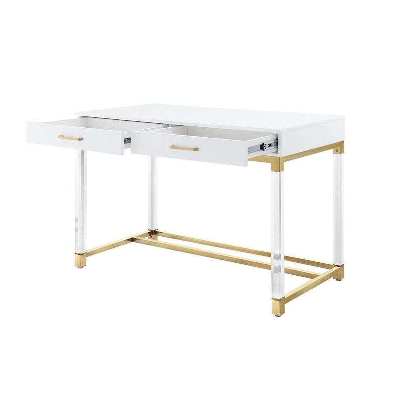 48 White Clear and Gold Wood Acrylic and Stainless Steel Writing Desk With Two Drawers
