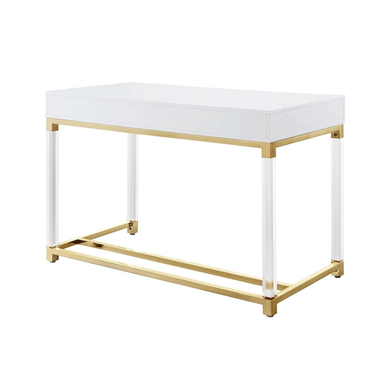 48 White Clear and Gold Wood Acrylic and Stainless Steel Writing Desk With Two Drawers