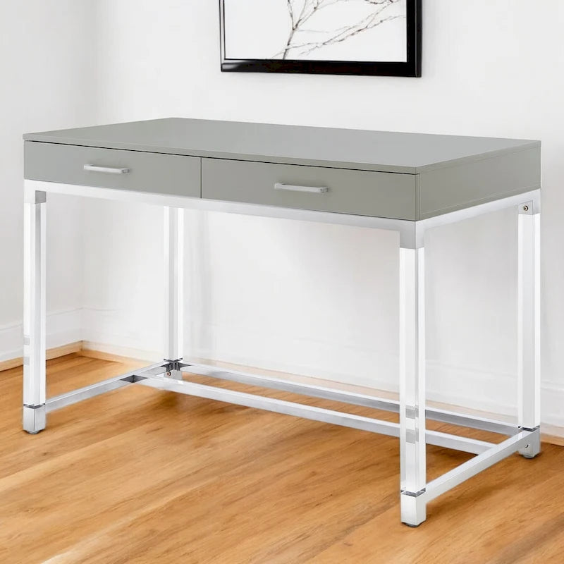 48 White Clear and Gold Wood Acrylic and Stainless Steel Writing Desk With Two Drawers