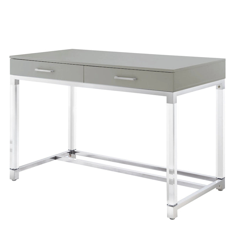 48 White Clear and Gold Wood Acrylic and Stainless Steel Writing Desk With Two Drawers