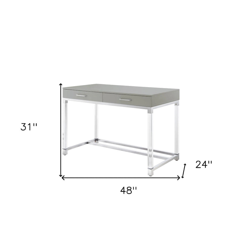 48 White Clear and Gold Wood Acrylic and Stainless Steel Writing Desk With Two Drawers