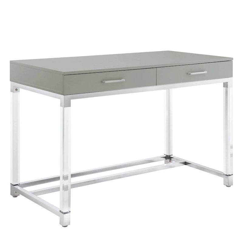 48 White Clear and Gold Wood Acrylic and Stainless Steel Writing Desk With Two Drawers
