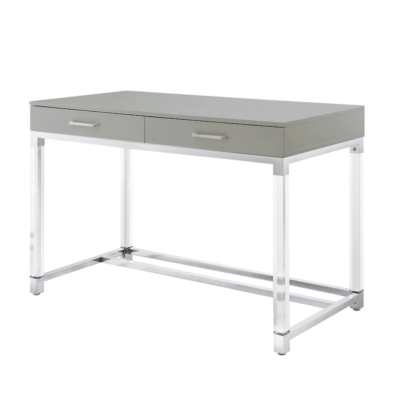 48 White Clear and Gold Wood Acrylic and Stainless Steel Writing Desk With Two Drawers