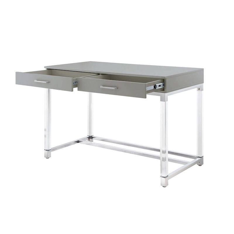 48 White Clear and Gold Wood Acrylic and Stainless Steel Writing Desk With Two Drawers