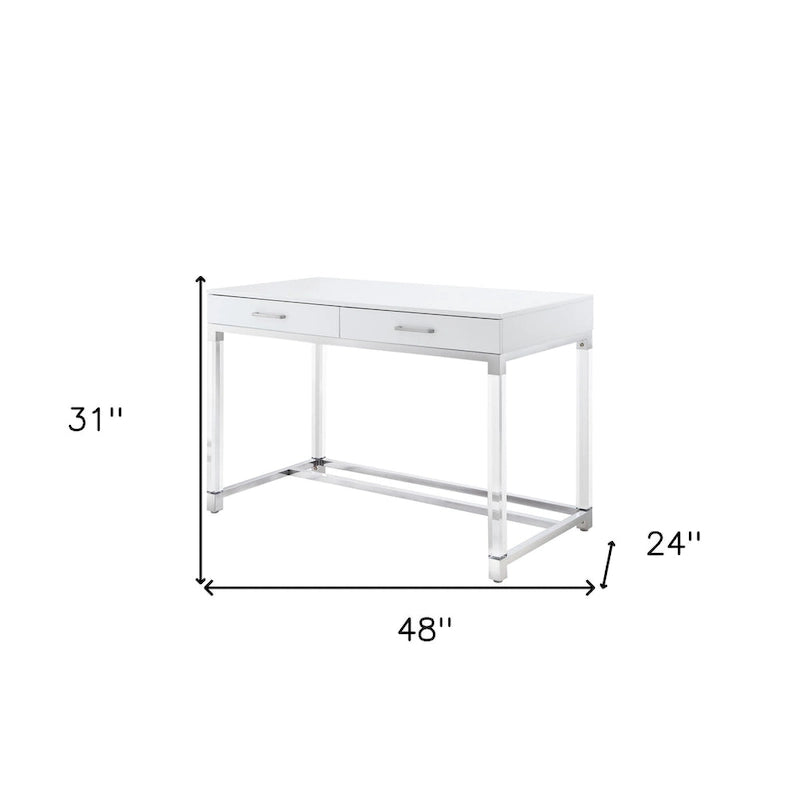 48 White Clear and Gold Wood Acrylic and Stainless Steel Writing Desk With Two Drawers