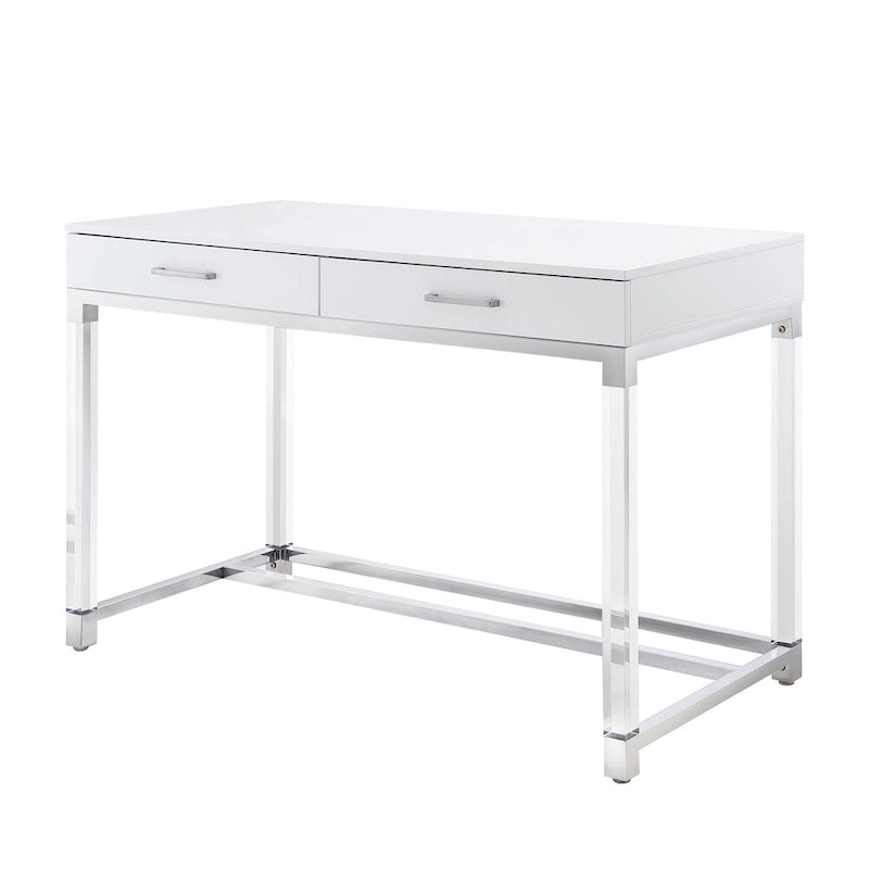 48 White Clear and Gold Wood Acrylic and Stainless Steel Writing Desk With Two Drawers