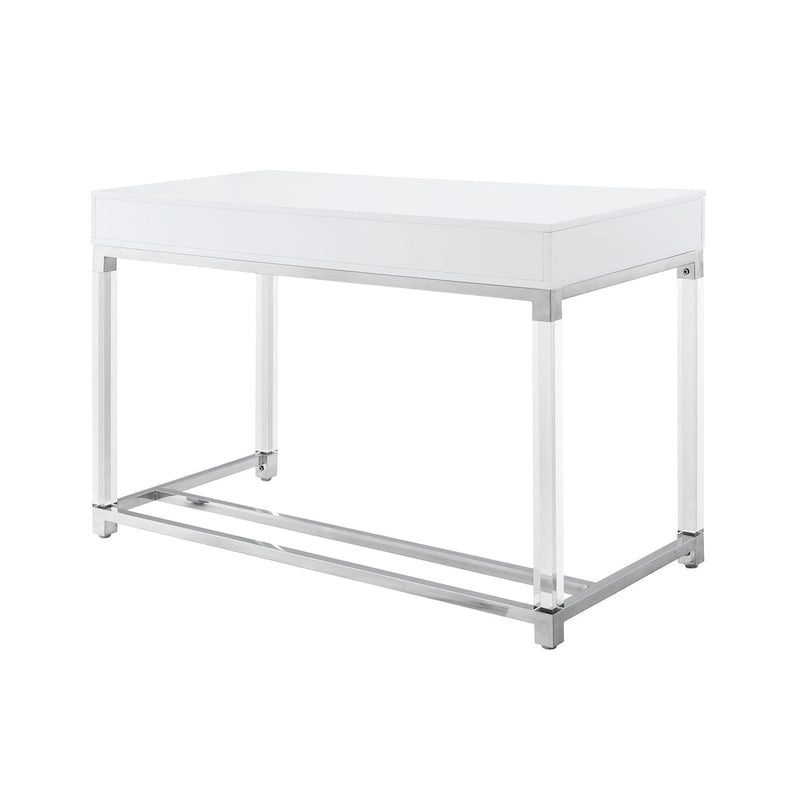 48 White Clear and Gold Wood Acrylic and Stainless Steel Writing Desk With Two Drawers