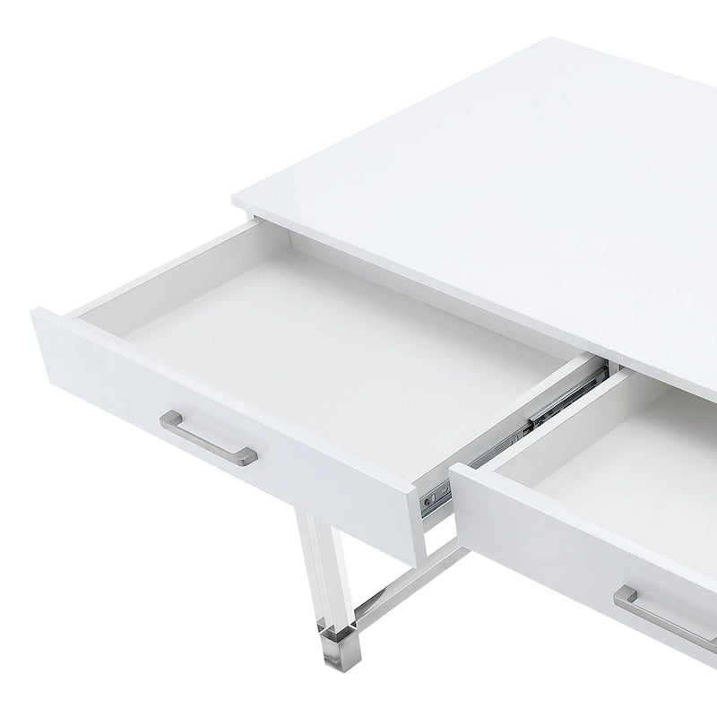 48 White Clear and Gold Wood Acrylic and Stainless Steel Writing Desk With Two Drawers