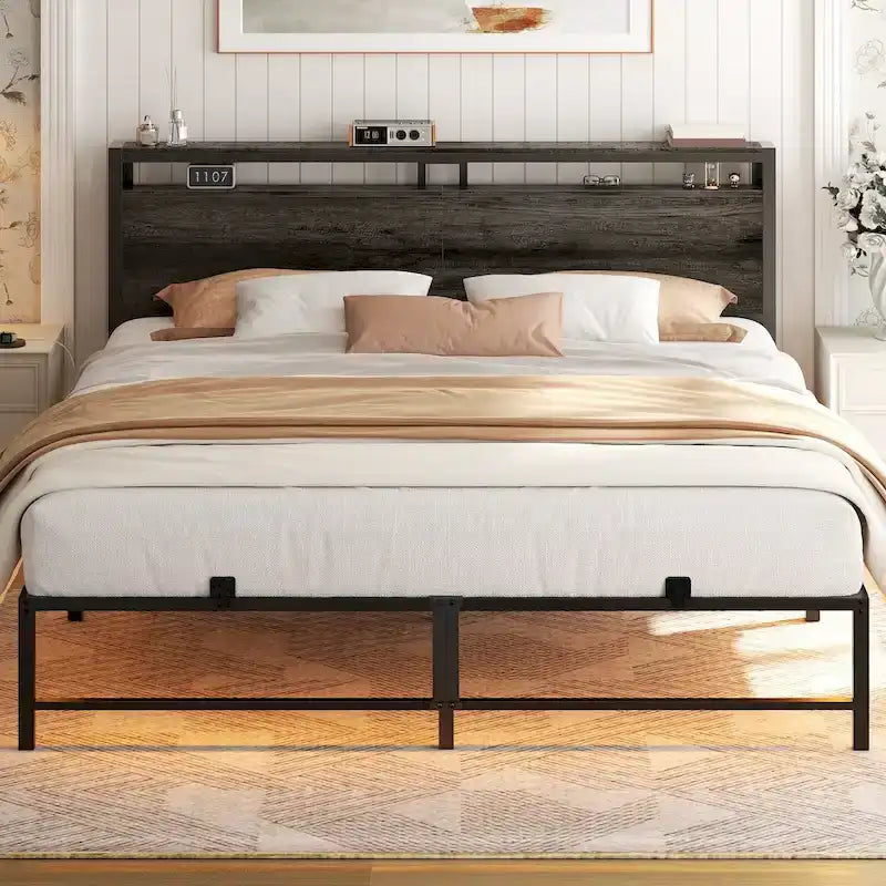 Bed Frame with headboard, Metal Platform Bed with LED Lights and Charging Station