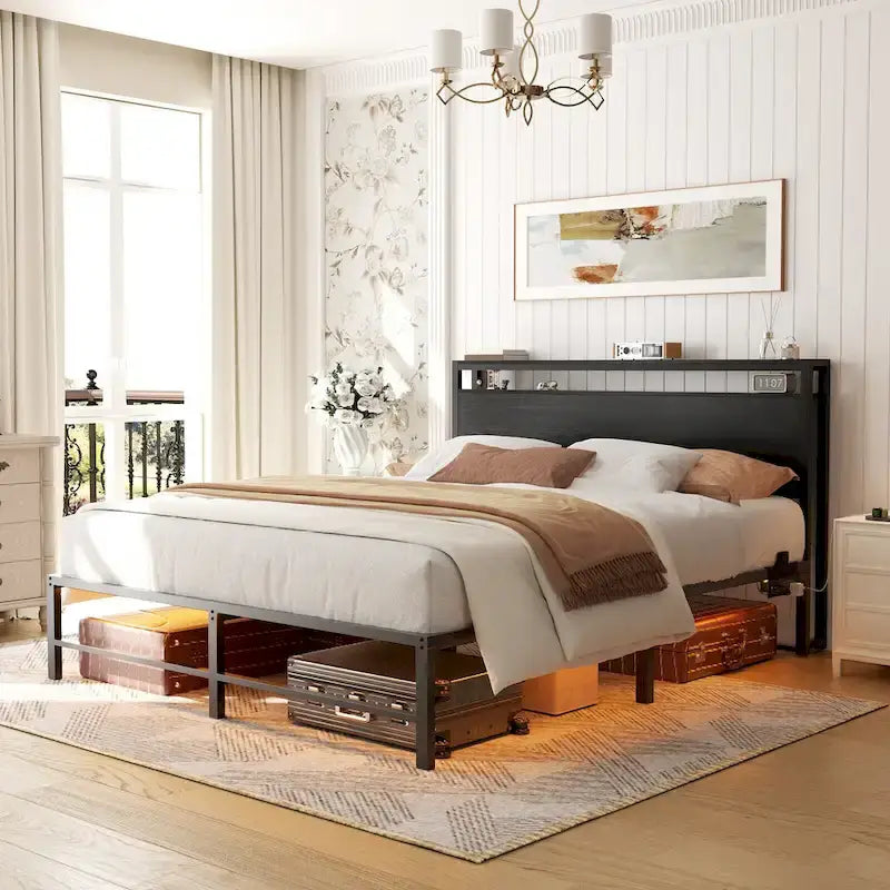 Bed Frame with headboard, Metal Platform Bed with LED Lights and Charging Station