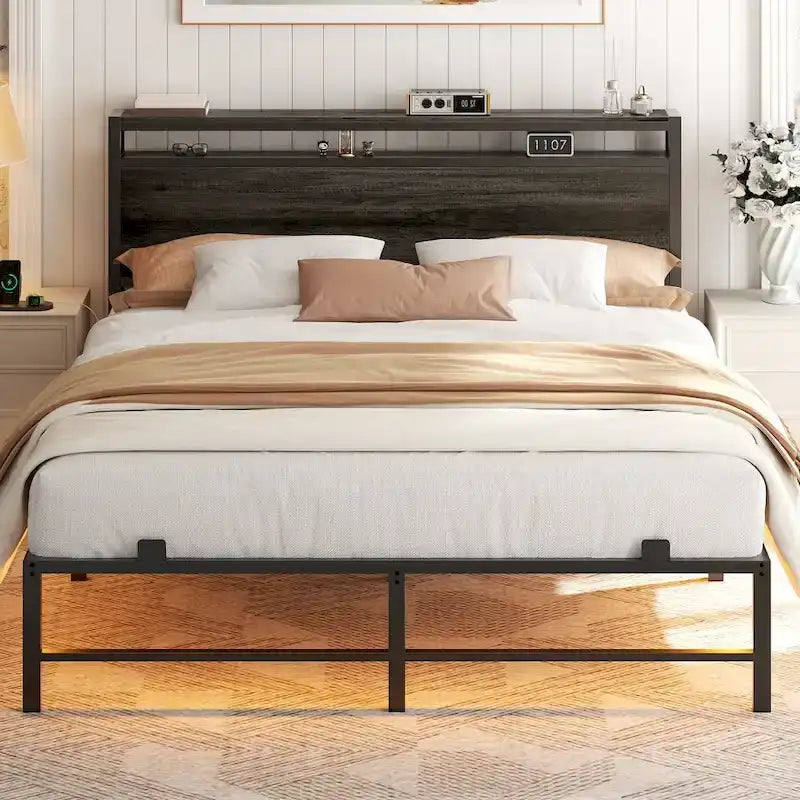 Bed Frame with headboard, Metal Platform Bed with LED Lights and Charging Station