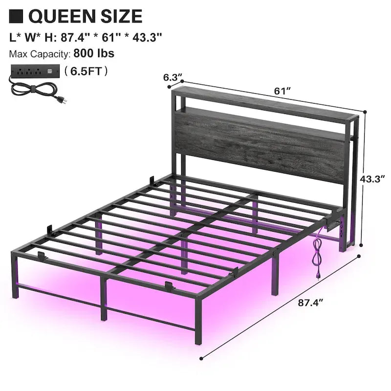 Bed Frame with headboard, Metal Platform Bed with LED Lights and Charging Station