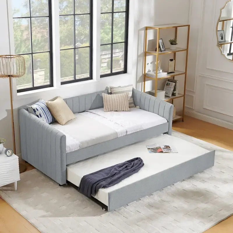 Twin Size Linen Daybed with Trundle & Vertical Stripes - 500LB Capacity