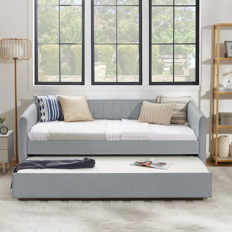 Twin Size Linen Daybed with Trundle & Vertical Stripes - 500LB Capacity