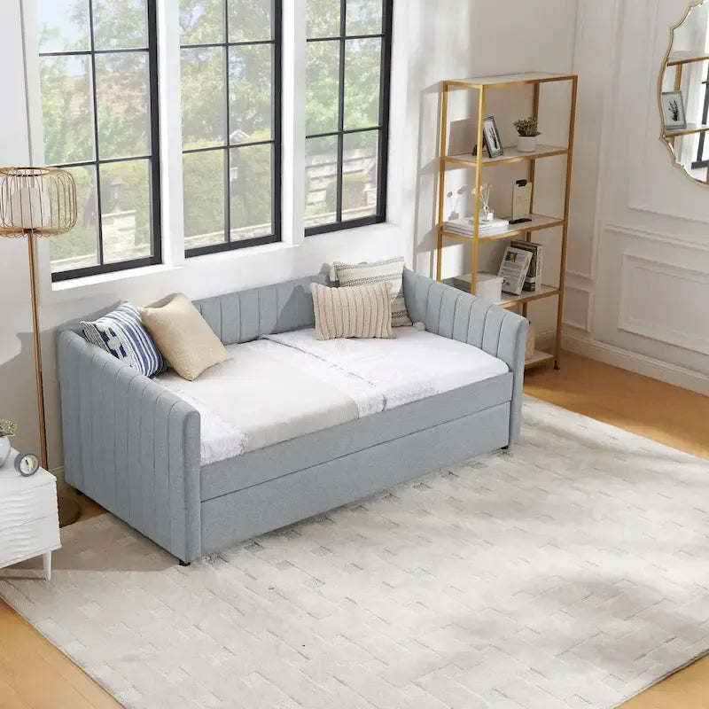 Twin Size Linen Daybed with Trundle & Vertical Stripes - 500LB Capacity