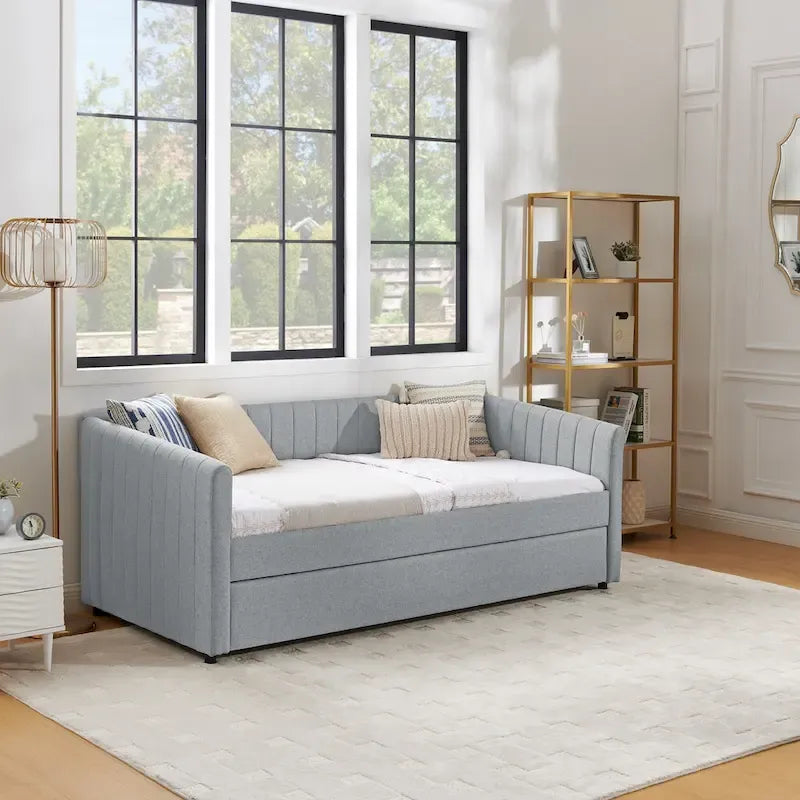 Twin Size Linen Daybed with Trundle & Vertical Stripes - 500LB Capacity
