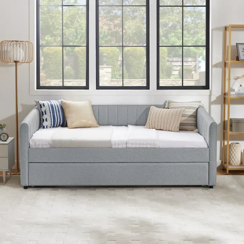 Twin Size Linen Daybed with Trundle & Vertical Stripes - 500LB Capacity