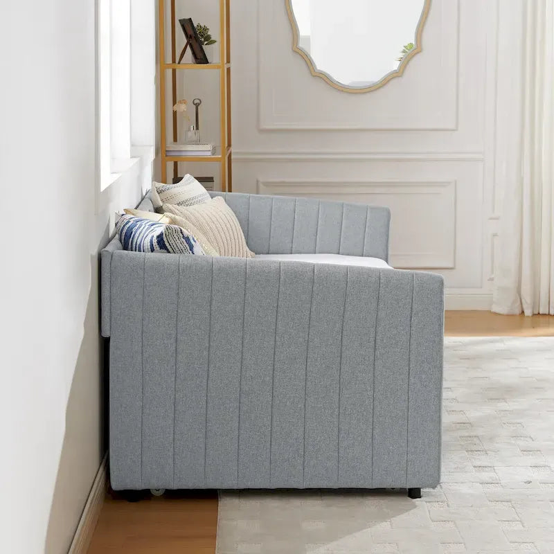 Twin Size Linen Daybed with Trundle & Vertical Stripes - 500LB Capacity