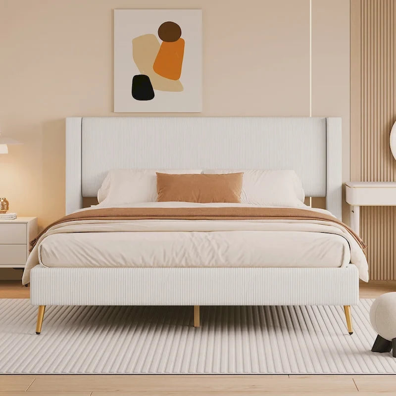 Queen Corduroy Platform Bed with Tufted Headboard