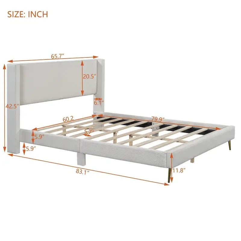 Queen Corduroy Platform Bed with Tufted Headboard