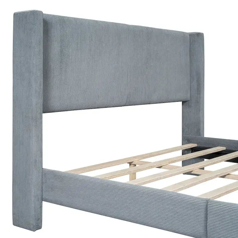Queen Corduroy Platform Bed with Tufted Headboard