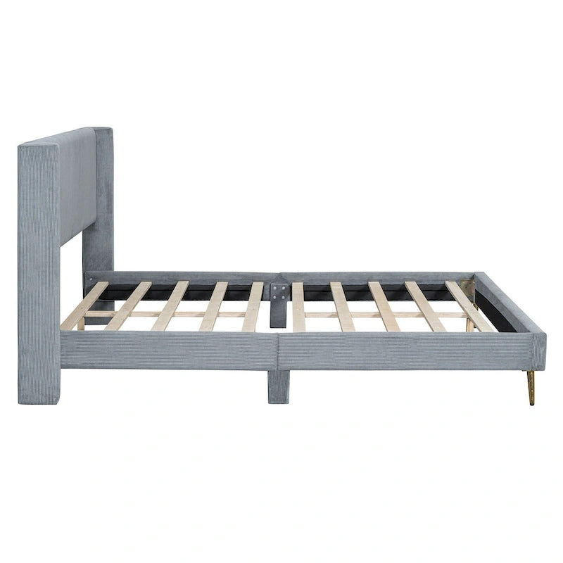Queen Corduroy Platform Bed with Tufted Headboard