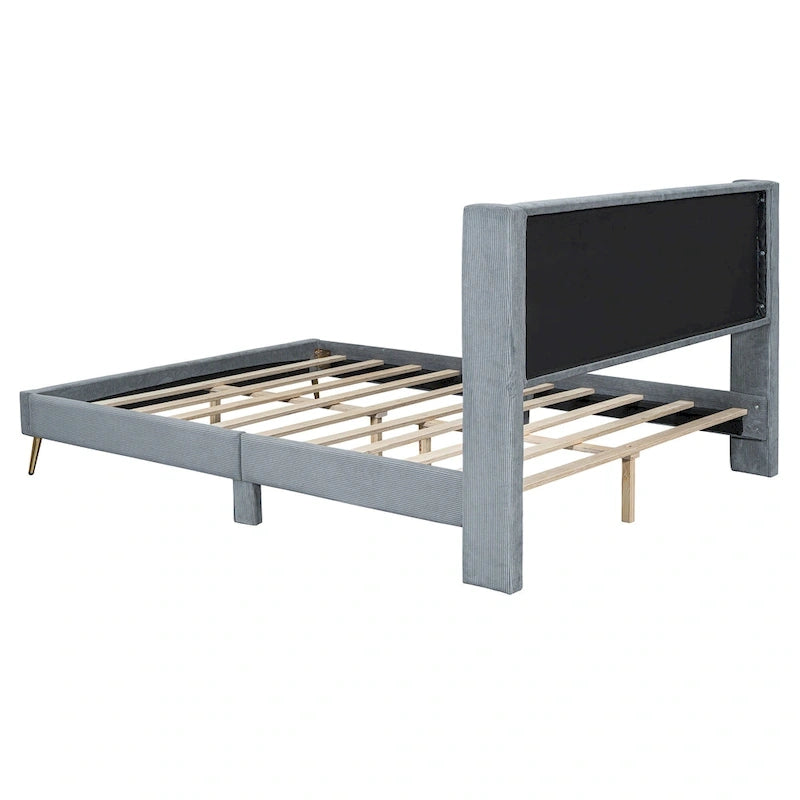 Queen Corduroy Platform Bed with Tufted Headboard