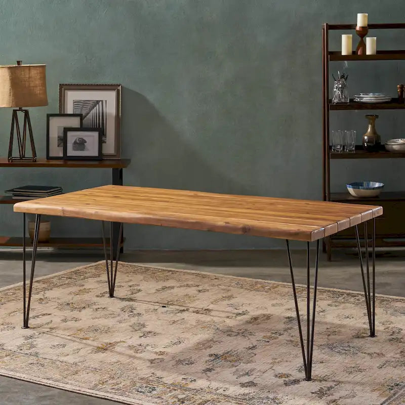 Acacia Wood 72-Inch Dining Table - teak finish + rustic metal