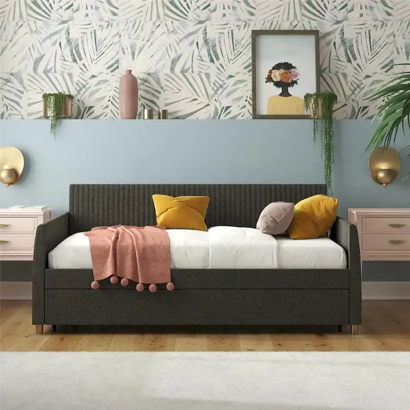 Upholstered double sofa bed with pull-out bed frame