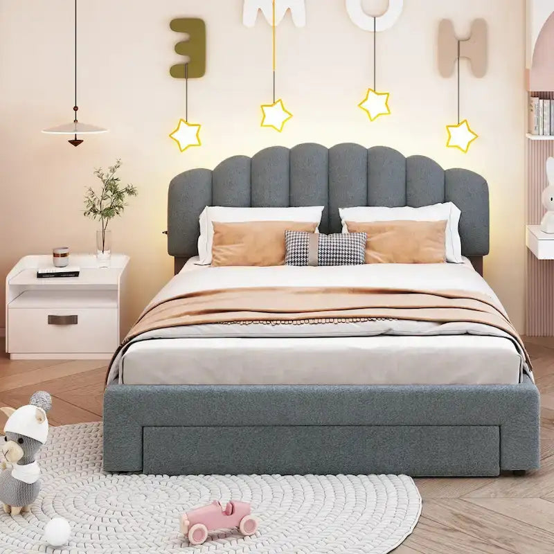 Queen Size Upholstered Platform Bed with Drawer